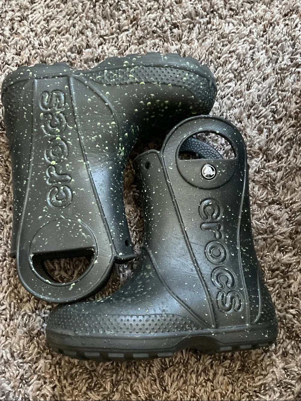CROCS Black Rain Boots with Green Speckle Accents